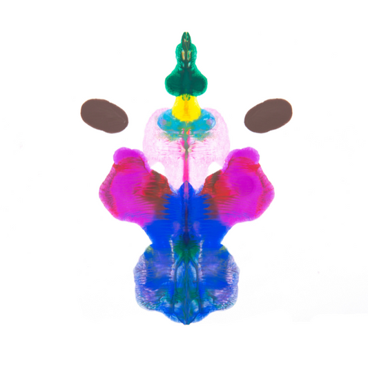 colorful Rorschach test image on a white background.