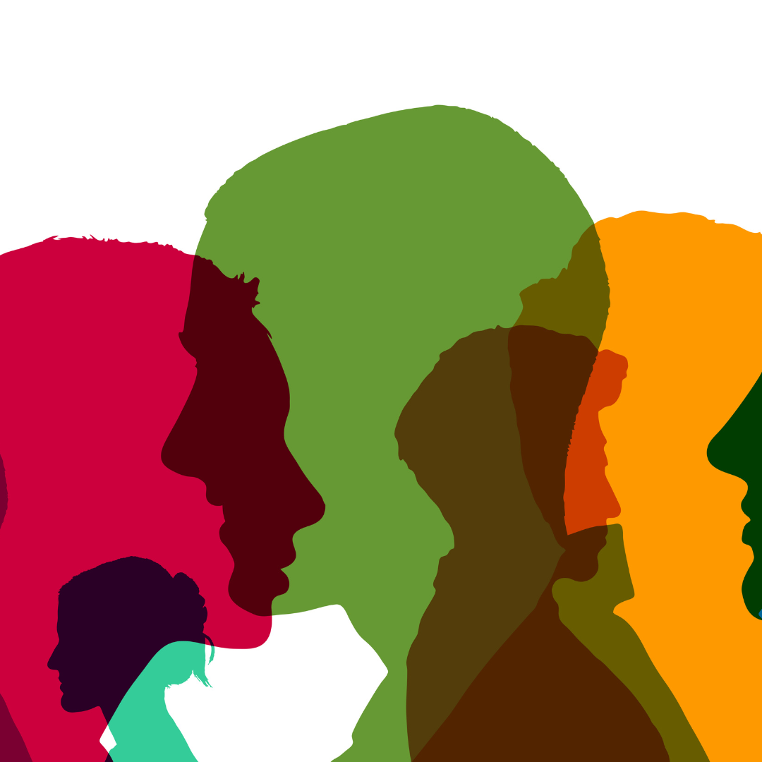 colorful overlapping silhouettes of the men and women's heads in side profile.