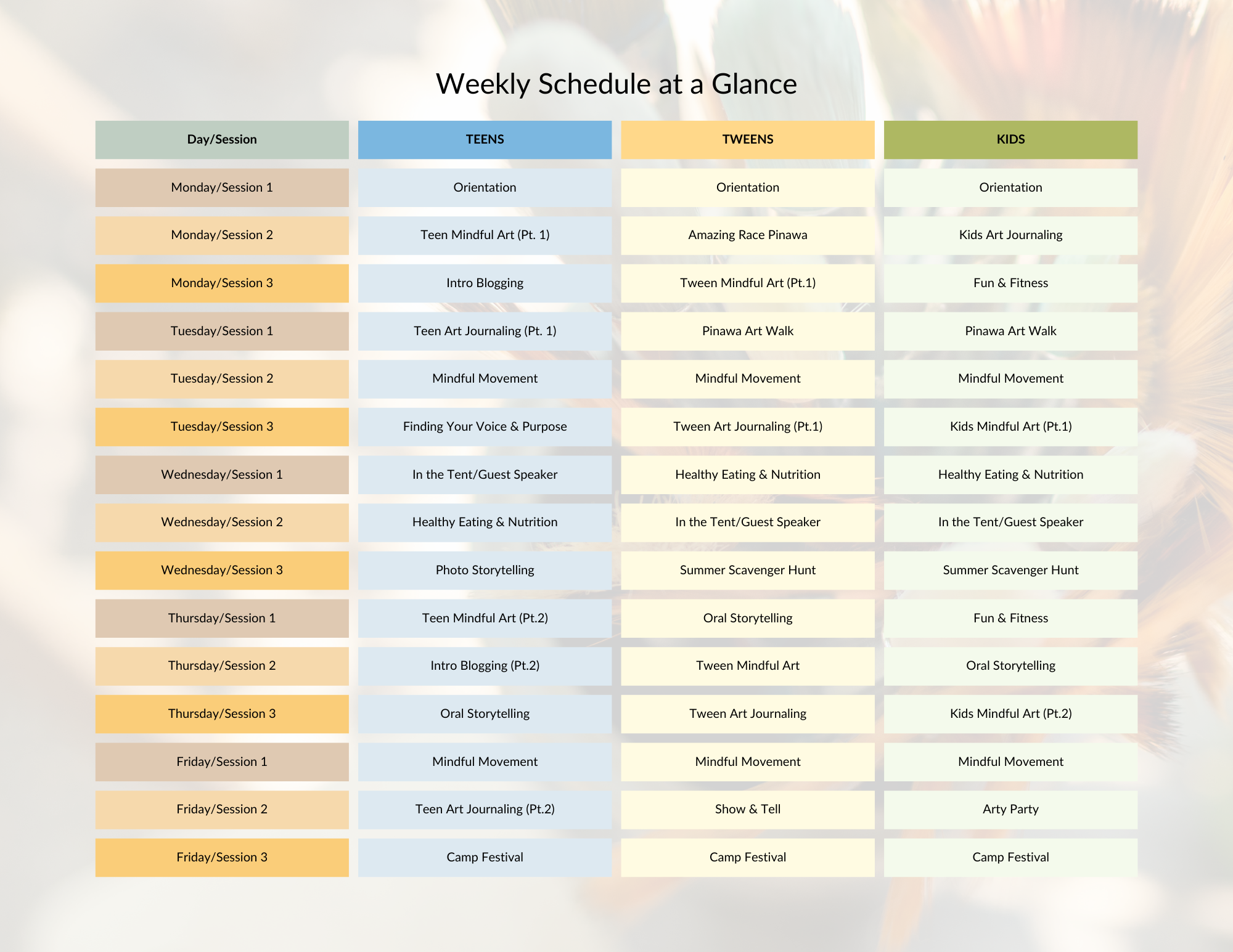 Image showing weekly schedule for kids, tweens, and teens.
