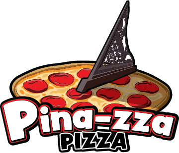 Pina-zza pizza red, yellow, black and white logo.